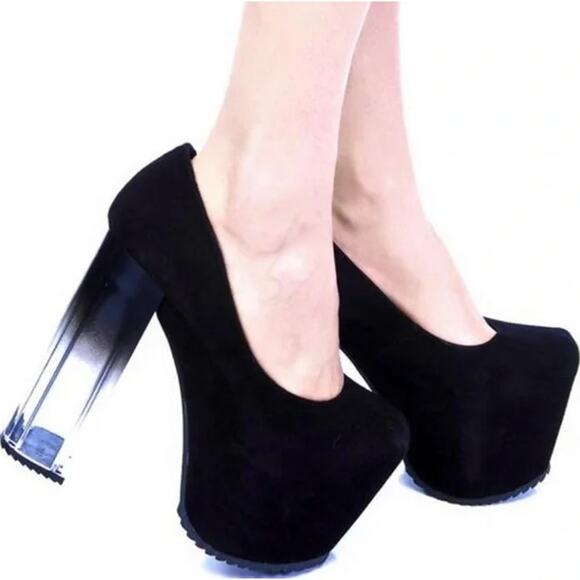 UNIF Vapor Heels Suede Leather Platform Block Ombre Clear Heel Pumps, Black - Picture 2 of 11